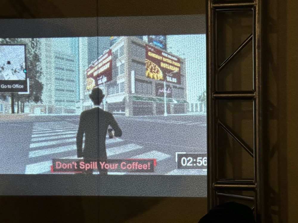Video game screenshot of an alien pretending to be a person walking down the street.