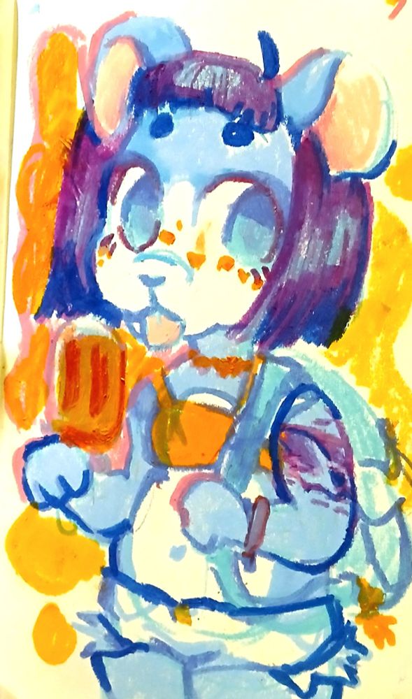 A traditional illustration done in crayon of a blue creature with round ears, a choppy violet bob with bangs, round large blue eyes, white snout, and orange freckles. The creature is wearing an orange tank top and blue short-shorts while holding an orange popsicle in one hand and the strap of their backpack in the other. The creature has accessories on their neck and wrists, as well as a bear keychain hanging from their backpack. The drawing is cutesy and vibrant.