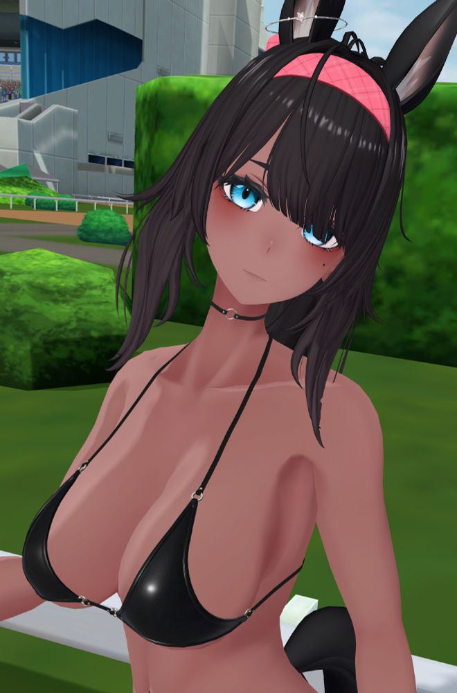 New horse girl. Lasyusha base with blue eyes, black brown hair and tail. black bikini top, pink headband, and silver ear ornament.
she is along the outside rail at a race course.