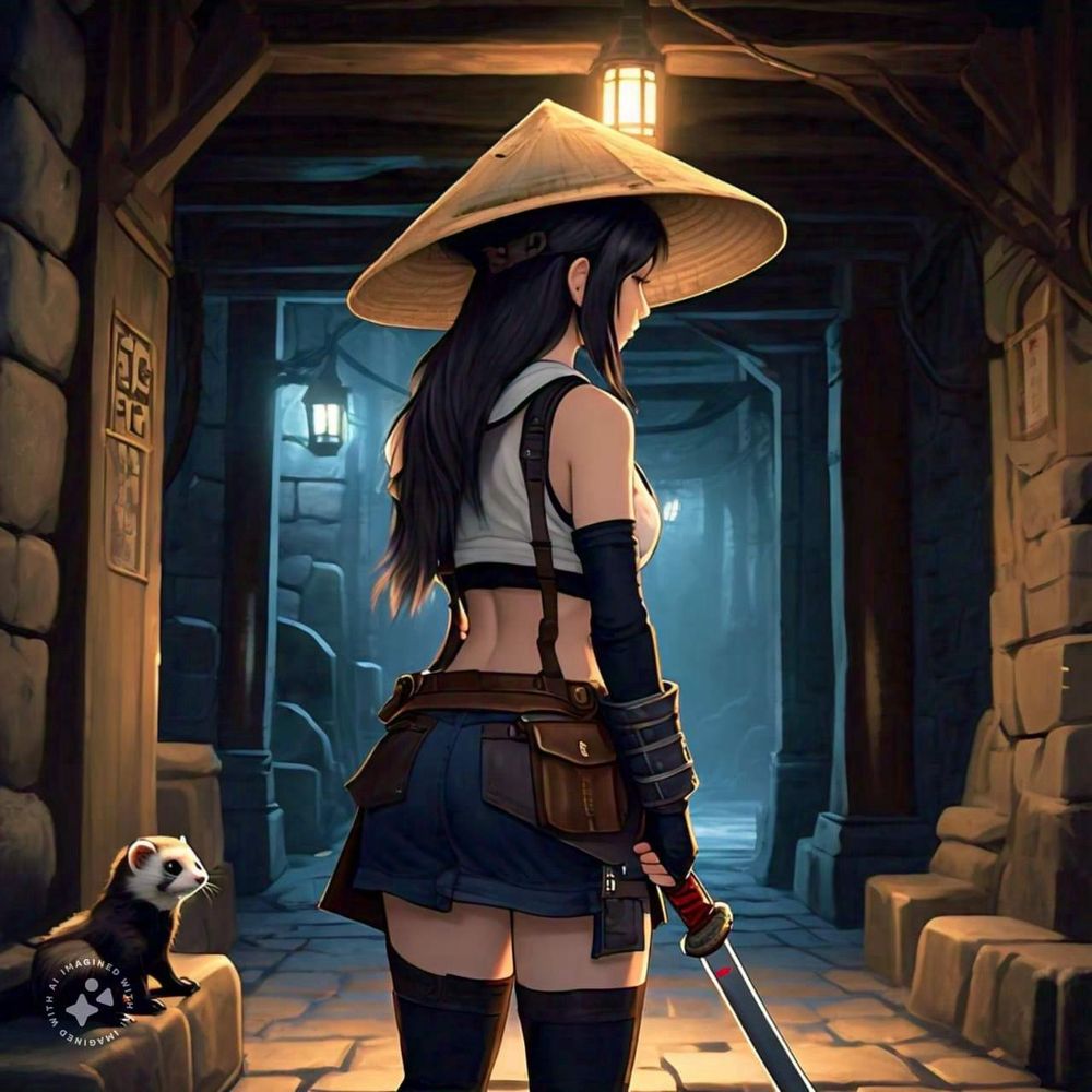 tifa the wanderer, seen here not only with her trusty katana and her weird floating hat but also her pet ferret aerith [sic]