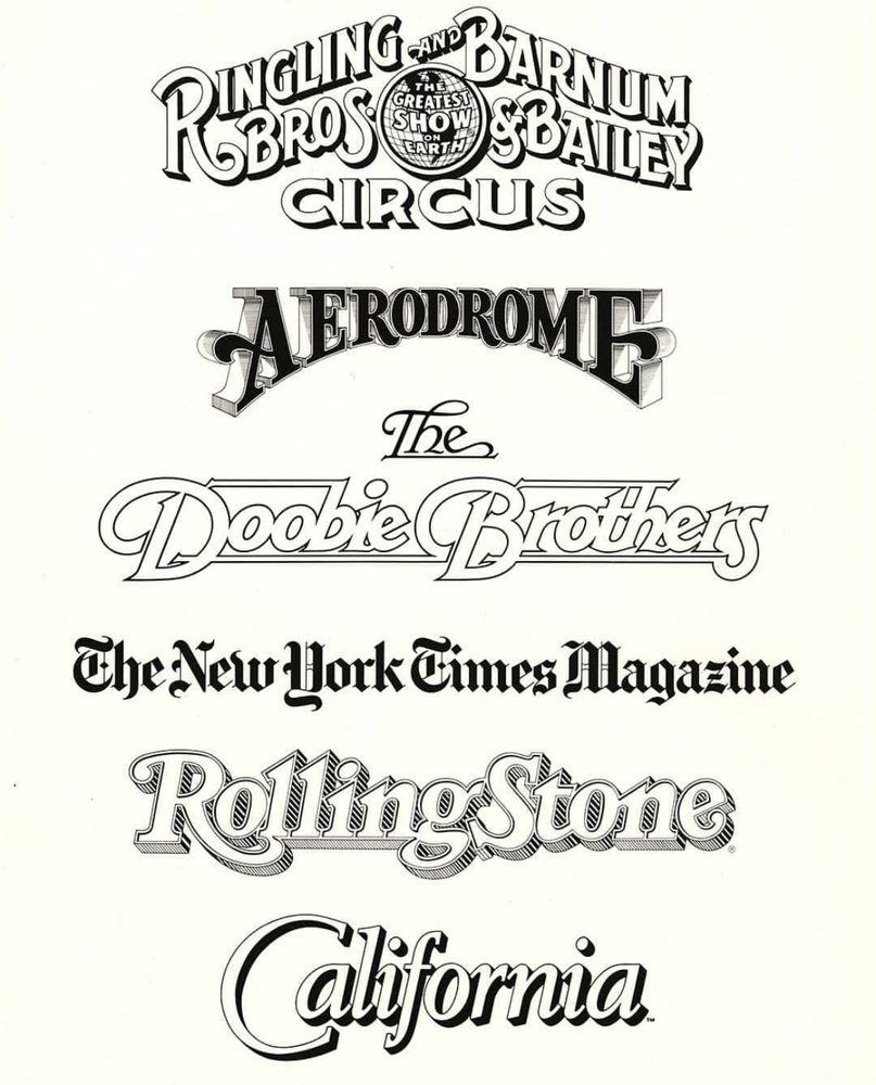 Logos for Ringling Bros and Barnum & Bailey Citcus, Aerodrome, The Doobie Brothers, The New York Times Magazine, Rolling Stone, and California magazine. 
