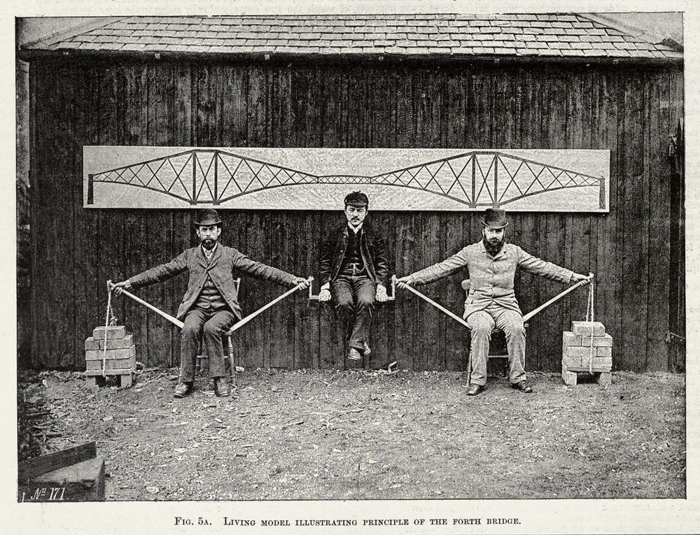 a black and white photograph of three men against a wall. The two on the edge are holding a long piece of material that they are also sat on. At the end of the material are stacks of bricks. The man in the middle is supported by the material, demonstrating the strength of the bridge.