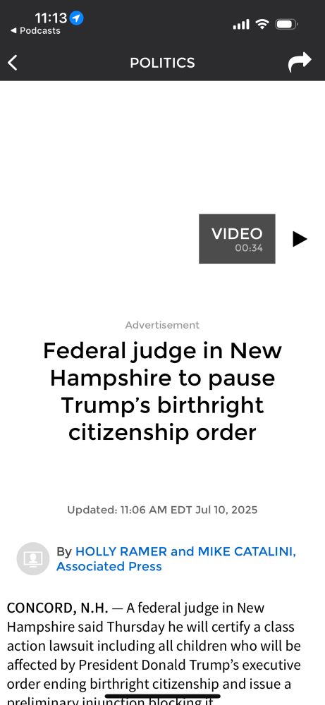 Headline that says “Federal judge in New Hampshire to pause Trump’s birthright citizenship order”