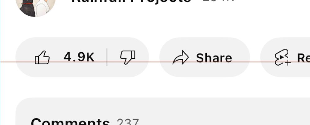 Cropped screenshot of the YouTube app for iPhone, marked up to show the uneven and haphazard text baselines across a row of buttons.