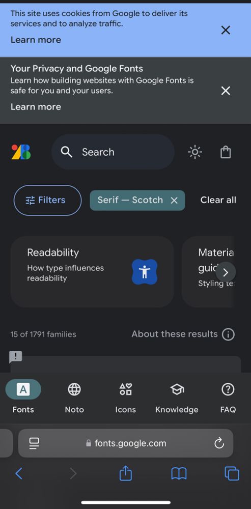 Screenshot of a search result on Google fonts, so cluttered with banners and random information that none of the 15 search results fit on the screen