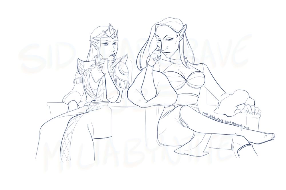 sketch of the same elf woman sitting with another elf woman looking judgmentally at someone off-screen.