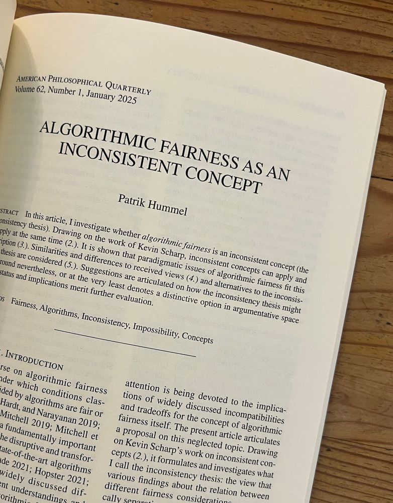 Title page of Patrik Hummel's articel "Algorithmic Fairness as an Inconsistent Concept" in American Philosophical Quarterly, Volume 62, Issue 1, January 2025