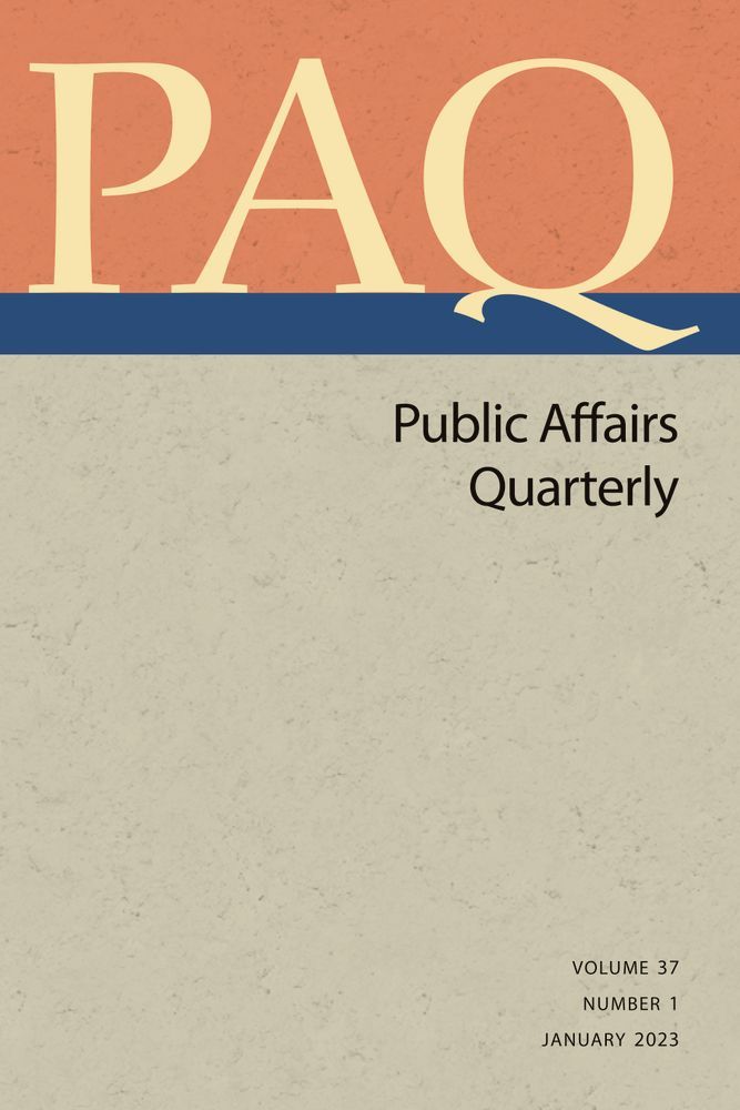 Cover of Public Affairs Quarterly, Volume 38, Issue 4, January 2023
Yellow letters spell "PAQ" at the top of the page on an orange rectangle, with a thin blue rectangle below separating it from the rest of the beige background.