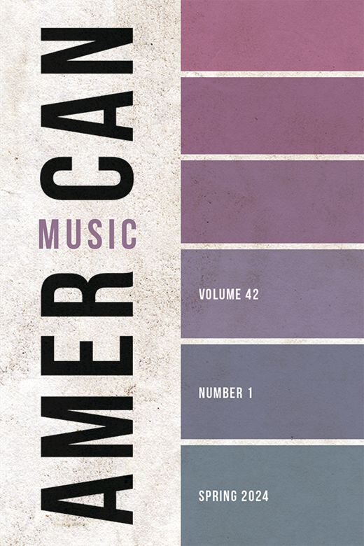 Cover of American Music, Volume 42, Issue 1, Spring 2024. Horizontal rectangles in a column on the right side of the cover in a gradient of purple shades on white textured background.