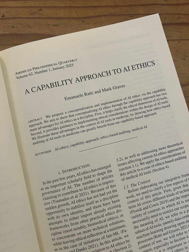Title page of Emanuele Ratti and Mark Graves' article "A Capability Approach to Ethics" in American Philosophical Quarterly, Volume 62, Issue 1, January 2025