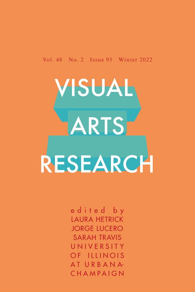 Cover of Visual Arts Research, Volume 58, No. 2.
Orange background with list of editors in red text, three light blue rectangular prisms behind title.