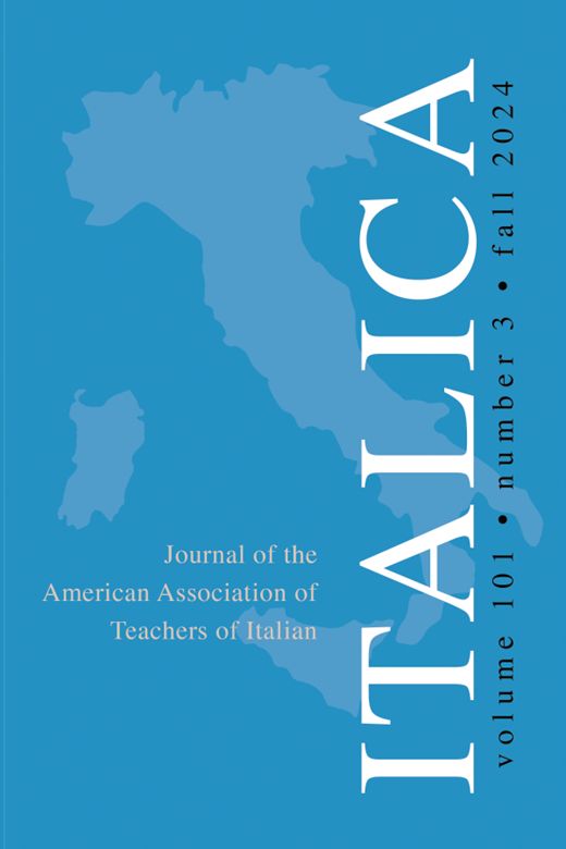 Cover of Italica, Volume 101, Number 3, Fall 2024
Journal of the American Association of Teachers of Italian
Blue background with lighter blue silhouette of the country of Italy.