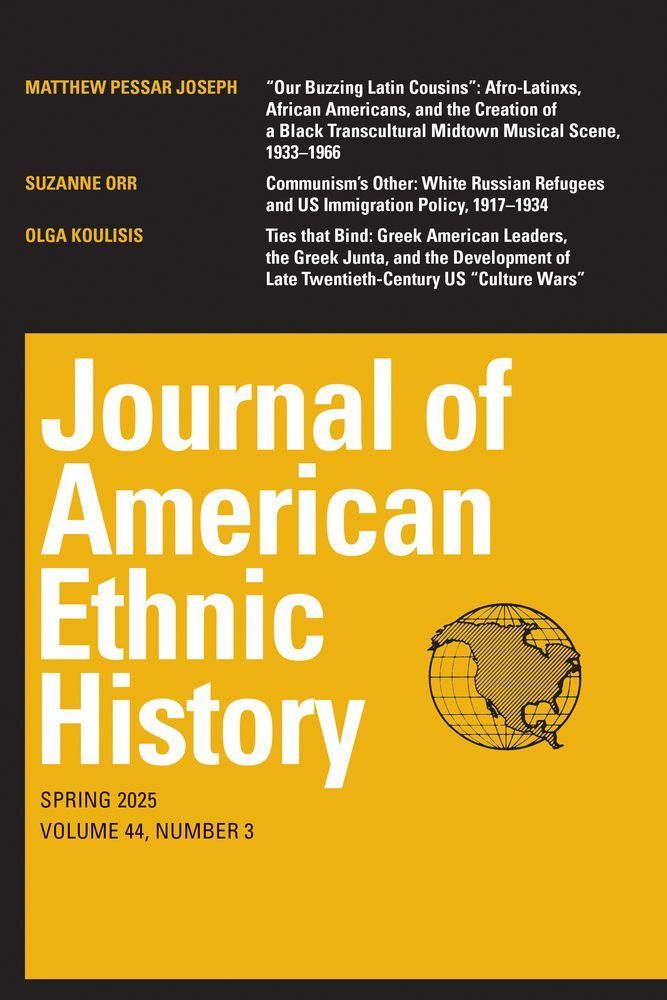 Cover of Journal of American Ethnic History, Spring 2025, Volume 44, Number 3
Yellow and Black color-blocked background with image of North America on a globe, includes list of authors
