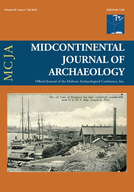 Cover of Midcontinental Journal of Archaeology, Volume 49, Issue 3, Fall 2024
Official Journal of the Midwest Archaeological Conference, Inc.
Orange and blue background with a postcard of southern Singapore, Michigan, in 1869.