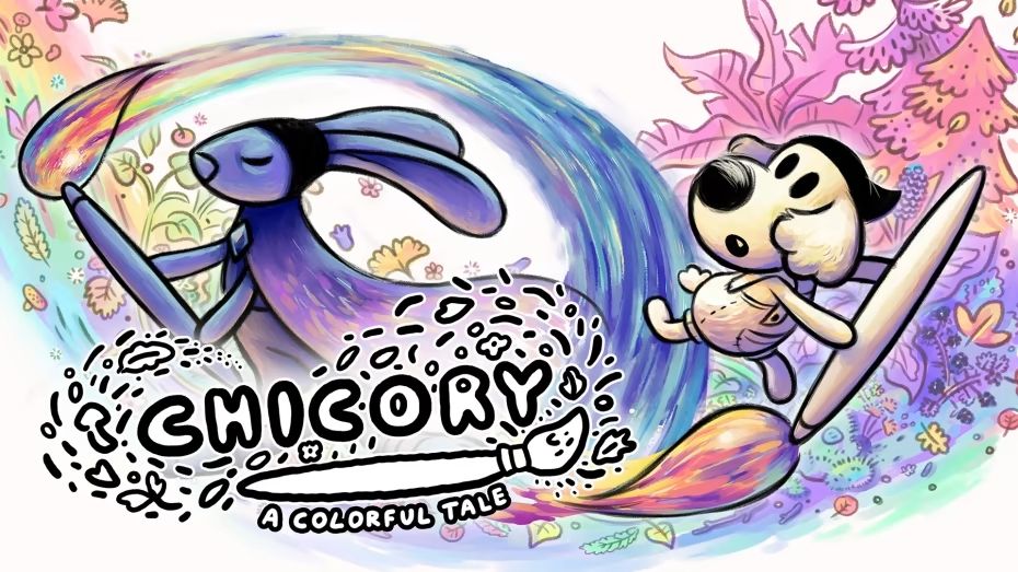 Cover art for Chicory: A Colorful Tale. It features a dog holding a paintbrush. In the background there is a hare, painting a colourful stroke with her brush.