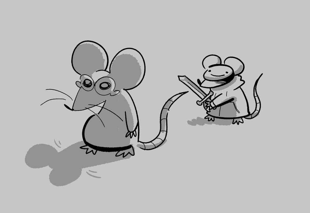 A cartoon rat/mouse, sobbing, because behind it is another cartoon rat/mouse, wearing a mask with a smiley face and a hoodie (meant to resemble that Dream YouTuber) holding a sword