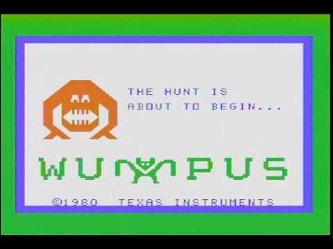 Screenshot of the title screen for “Hunt the Wumpus,” a very old video game. A pixelated drawing of the wumpus, an orange two-legged monster with huge teeth, sits next to the text “The hunt is about to begin…”. The word “WUMPUS” is drawn in big blocky letters, with the “M” stylized to look like a bat. The copyright notice at the bottom reads “©1980 Texas Instruments”.
