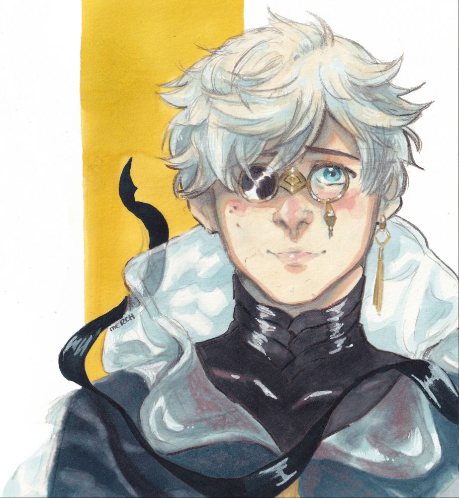 An illustration of Qifrey in pencil and marker. He wears a see-through cape over his usual turtle neck and has a gold ornament dangling from his glasses, as well as a gold tassle earring. The background has a yellow stripe over part of the page.