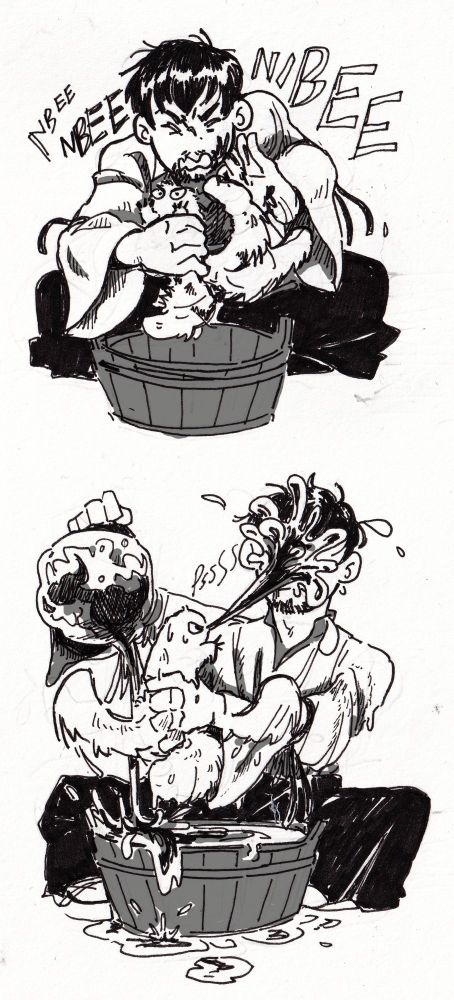 Top image: Olruggio getting splattered with ink as Brushbug struggles over an empty wooden washbasin; Brushbug screaming "NBEE" repeatedly. Bottom image: Mid-bath, Olruggio holding a soaking Brushbug over the basin with one hand as he tries to pour water from a vapour-bubble held in the other. Brushbug is spitting water into his face in fury.