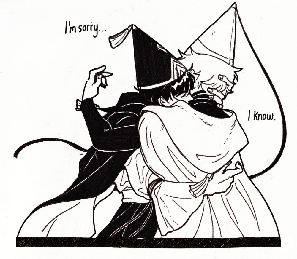 Ink drawing of Olruggio tightly embracing Qifrey. Words on the background read: "I'm sorry..." "I know."