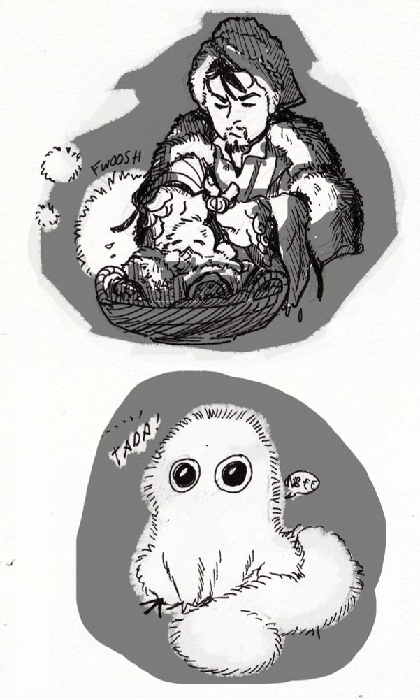 Top image: Olruggio with his head and shoulders wrapped in a towel, drying a pleased looking Brushbug with his heating rings as the Bug sits in a basket of towels.
Bottom image: Brushbug clean and fluffy again. "Tada!"