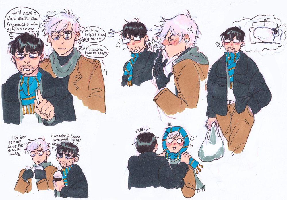 Top left: Olruggio and Qifrey looking tired. Olruggio is saying "We'll have a dark mocha chip frappuccino with extra cream [arrow pointing to him] and a triple shot espresso [arrow to Qifrey] ...and a black coffee [arrow to Qifrey]"
Bottom left: Qifrey and Olruggio with their coffees. Qifrey is pondering why his heart has been racing a lot recently. Olruggio looks unimpressed.
Top centre: Qifrey sneezing and Olruggio looking shocked
Bottom Centre: Olruggio wrapping up Qifrey's head with his scarf
Right: Olruggio walking with a bag of groceries, thinking about being cosy and asleep on the sofa.