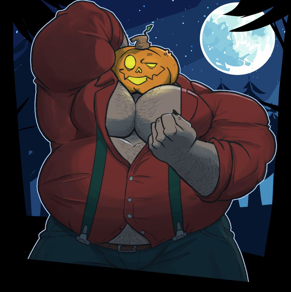 Muscular fat pumpkin head man showing of his body. He's using a red shirt and dark blue jeans. He's in a forest with a big full moon on the night sky