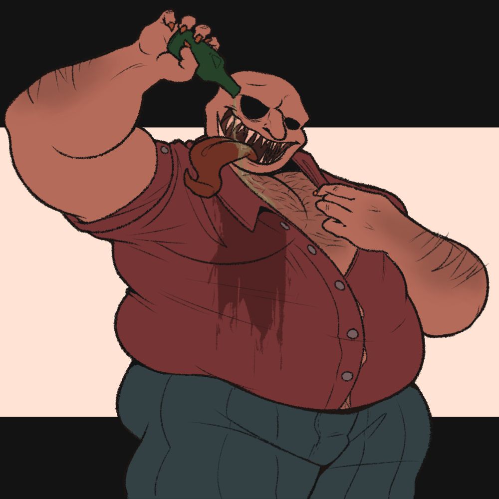 Dealer from Buckshot Roulette posing sensually while pouring beer into his mouth, the liquid drips down his tongue and then onto his pecs, his clothes are getting wet in the process