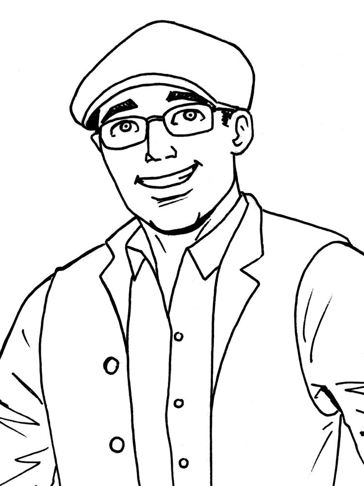 B&W line drawing of as smiling man with glasses, heavy eyebrows and prominent chin in flat cap, shirt and waistcoat.