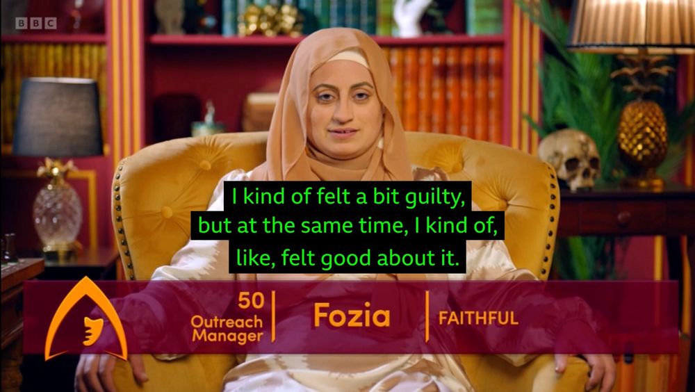 A woman sitting in a chair says: “I kind of felt guilty but at the same time I kind of like felt good about it”