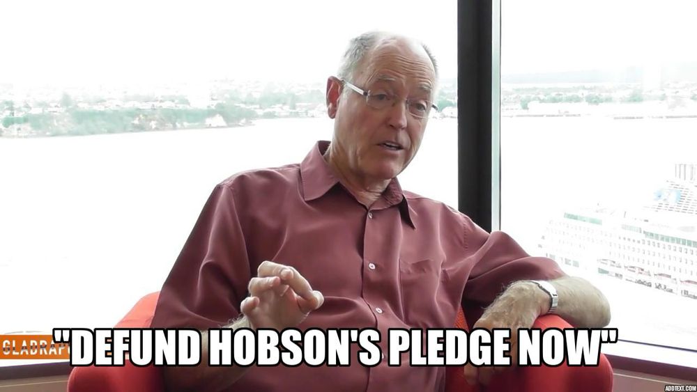 Image of Don Brash, founder of Hobson's Pledge, with satirical caption "DEFUND HOBSON'S PLEDGE NOW"