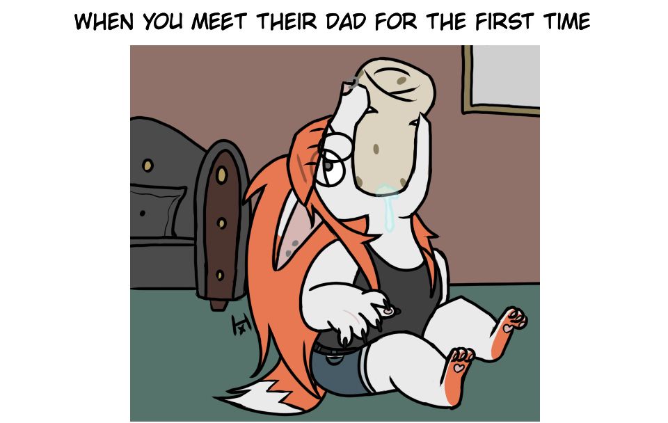 A cartoon drawing of a white fox with orange hair. They are sitting on the floor of a room with a very large burrito stuck in their mouth that appears to be much too large for them to swallow. The text above this scene says "When you meet their dad for the first time".