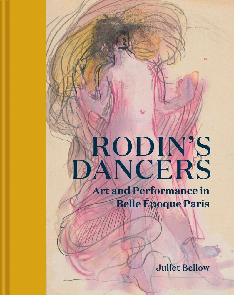Abstracted drawing of a Loïe Fuller-like dancer in bright pink and electric yellow.