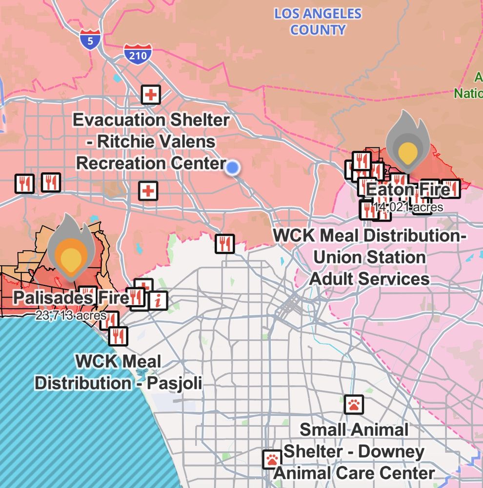 Watch Duty Fire map of Los Angeles, showing the palisades and Eaton fires
