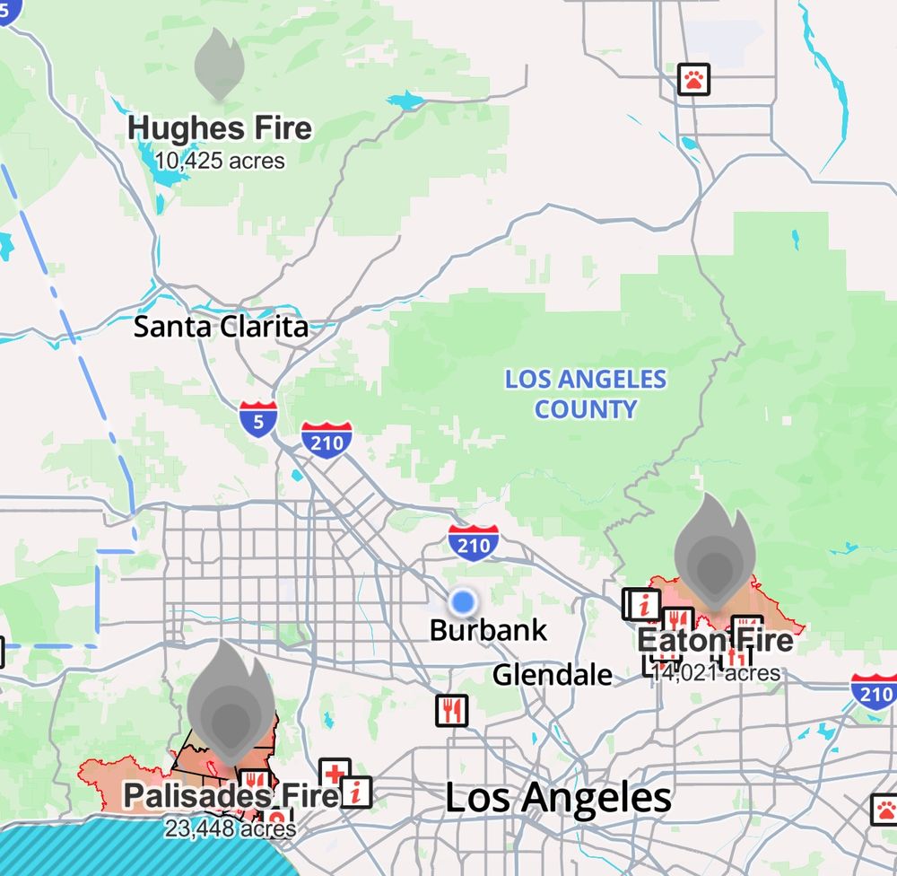 Watch Duty Fire map of LA showing all three fires grayed out