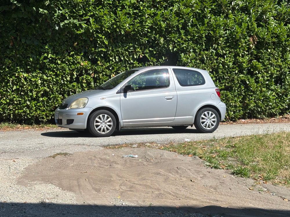 Silver 2-door car in front of large hedge