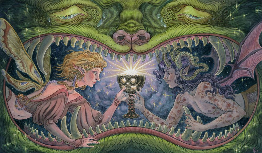 A painting of a beastly "hellmouth" with a queer faerie and imp inside, sharing a goblet of starlight.