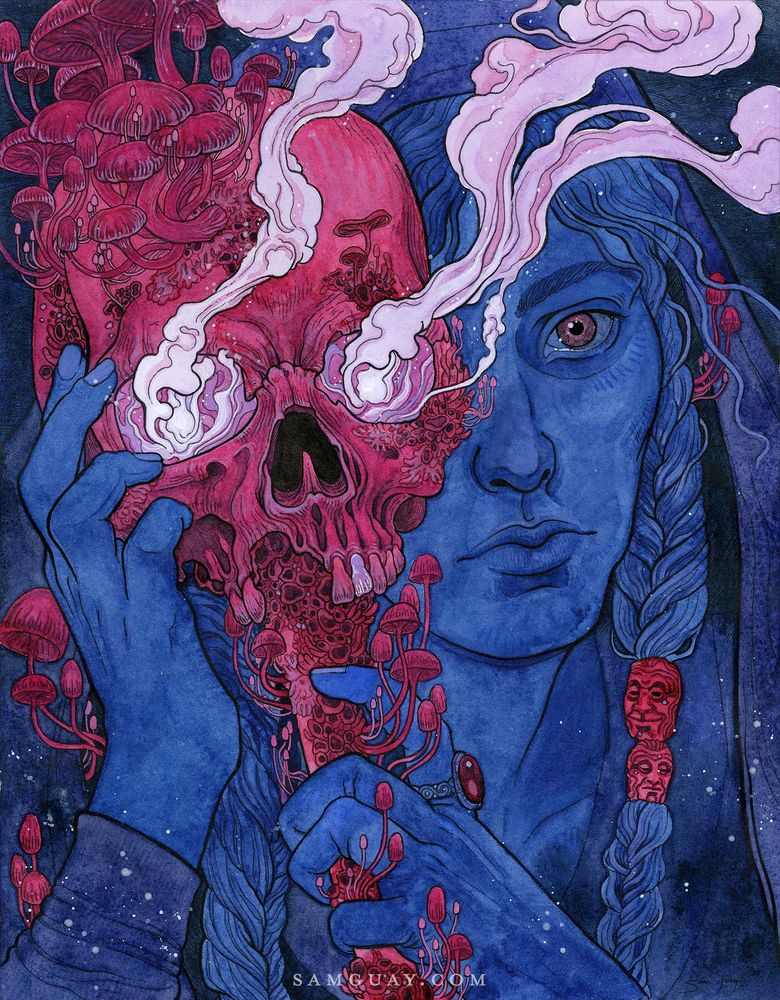 A painting of a blue girl holding a hot pink skull on a stick with smoke billowing from its eyes.