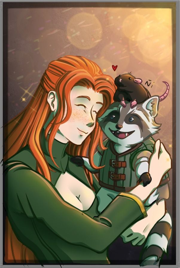 Stylized anime painting of a redhead girl that hugs a raccoon that has a rat on its head