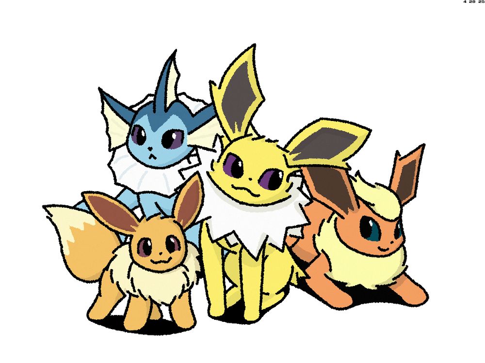 An eevee, a vaporeon, a jolteon, and a flareon have gathered in a group.
