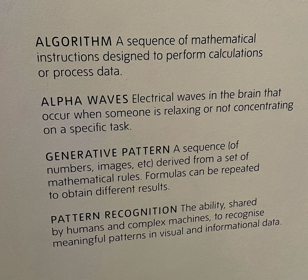 ALGORITHM A sequence of mathematical instructions designed to perform calculations or process data.

ALPHA WAVES Electrical waves in the brain that occur when someone is relaxing or not concentrating on a specific task.

GENERATIVE PATTERN A sequence lof numbers, images, etc) derived from a set of mathematical rules. Formulas can be repeated to obtain different results.

PATTERN RECOGNITION The ability, shared by humans and complex machines, to recognise meaningful patterns in visual and informational data.