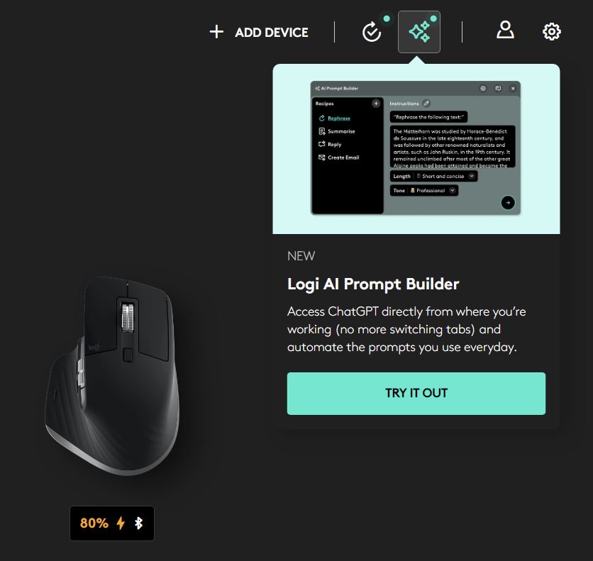 Screenshot of Logi Options+ showing the charge status for a mouse on the left and on the right a button to access the "Logi AI Prompt Builder" which allows you to summon ChatGPT from your mouse. 