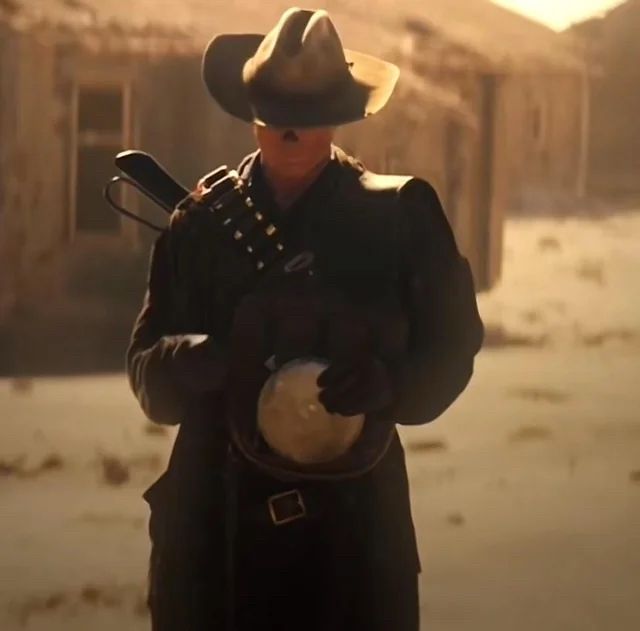 Cooper “The Ghoul” Howard screwing the cap back into his canteen
he’s got a little smirk on his face cuz he just dumped his water to teehee at Lucy, his eyes hidden beneath the brim of his hat