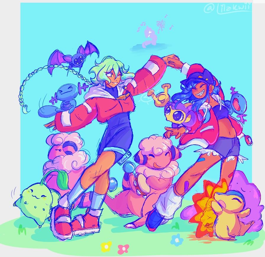 Our two poké-sona characters dancing with some of our Pokémon joining with us!! Two pokemon dance in the background while the rest of us dance in the foreground.