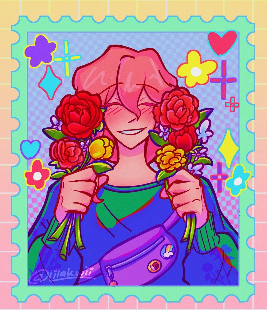 My oc Theo!! They smile warmly as they display the 2 bouquets proudly to the viewer. Each bundle of flowers coincidentally covers both of their ears. Each bouquet has a mixture of roses, tulips, and mums, they vary from reds, pinks, and yellows. there are also some small white daisies sprinkled in.

Theo hears no evil!! They see and feel the signs, but they actively avoid feeding into anything. They know their time is limited, and refuse to engage their own feelings in fear of hurting their potential partner.