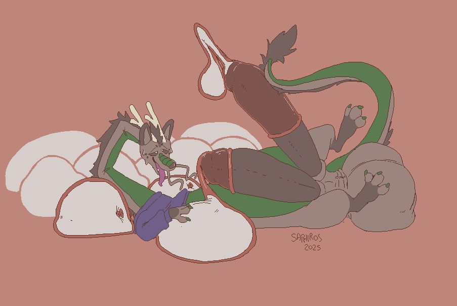 a color image of an eastern dragon with very large junk. it has a very relieved expression and is lying against a pile of large, overly filled condoms roughly the size of trash bags. both of its penises have additional condoms on, and they are being actively filled with fresh cumshots.