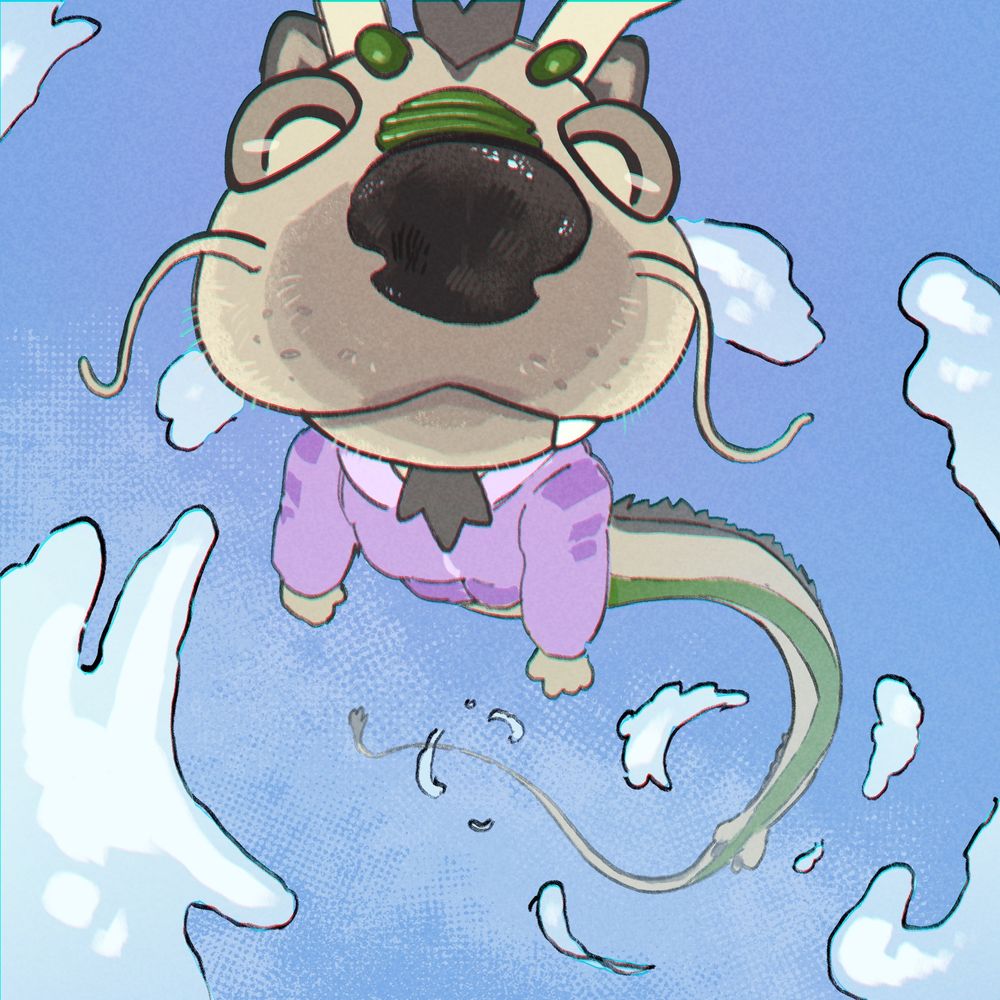 a colored image of a very long gray and green dragon. the view uses an extreme perspective, looking up toward the sky with the dragon's face very close to the "camera"/viewer and its body stretching far into the background. 