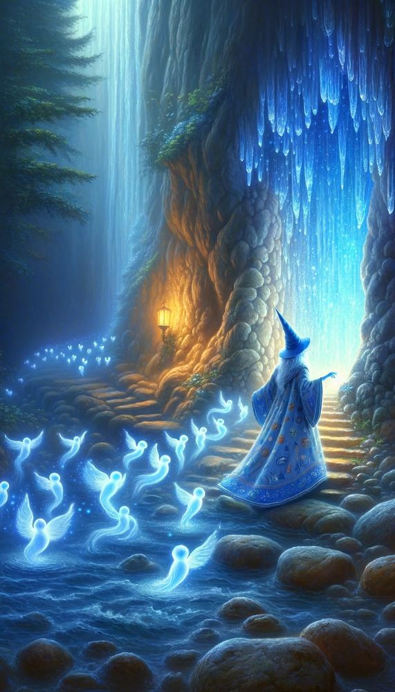 Marina, the Blue Wiz Witch, walks up steps in a cave, followed by tiny white sprites. An image from the Blue Wiz Wizards book series.
