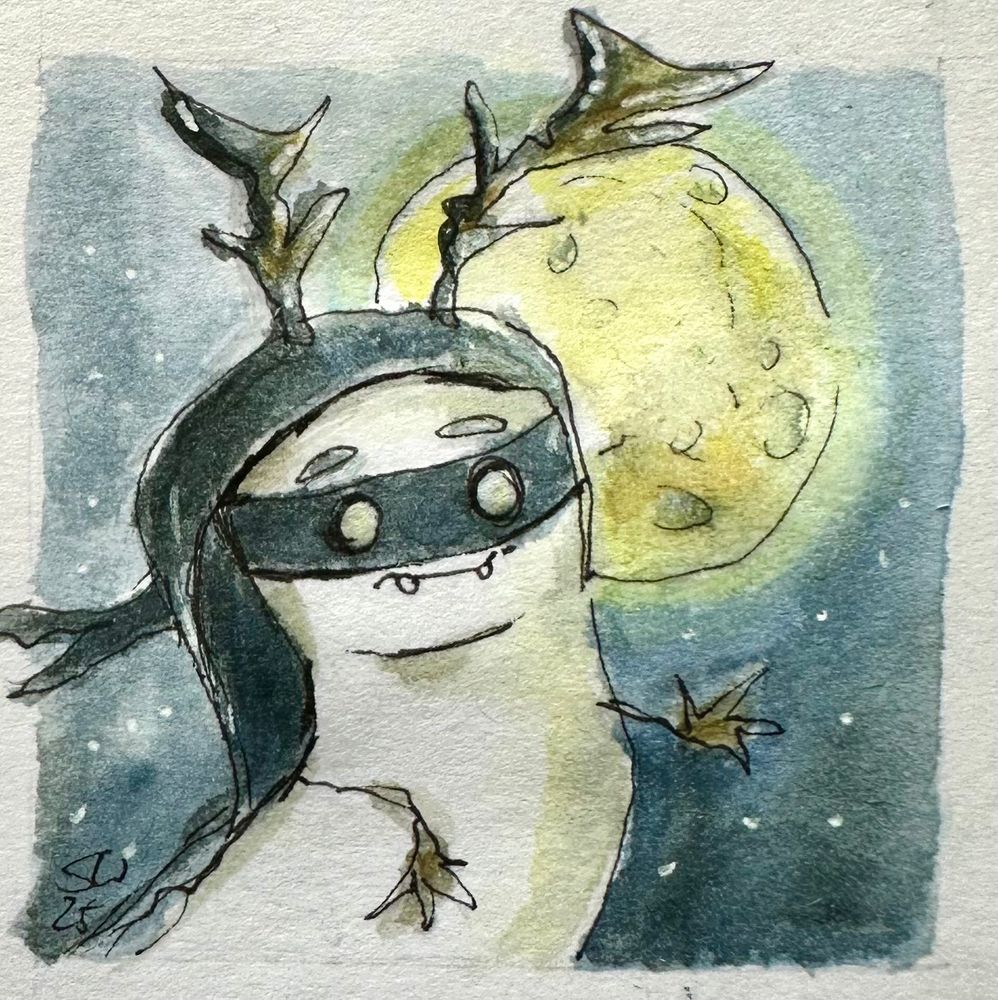 Colored sketch of a Ghostie with antlers wearing a blindfold, you can only see white holes where the eyes should be. 
Behind them there is a full moon