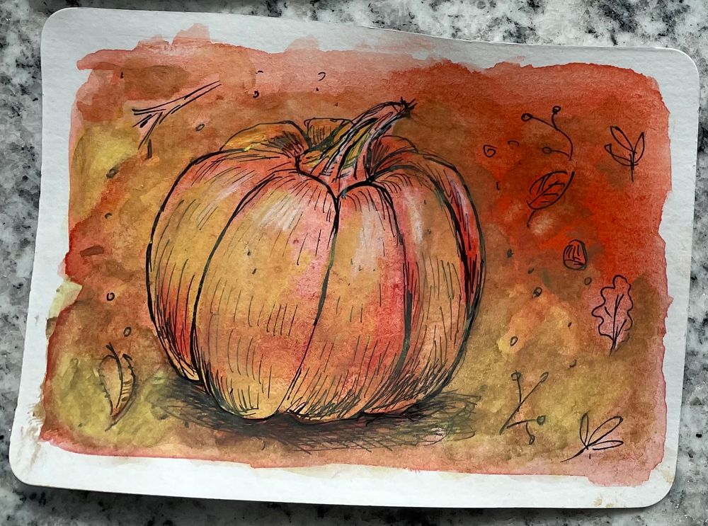 Ein Kürbis auf einer etwas größeren ATC Karte auf orange-gelb-rotem Hibtergrund